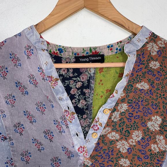 Young‎ Threads Small Patchwork Tunic Babydoll Dress V Neck Festival Boho Hippie - Picture 2 of 7